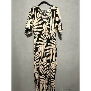 Sapphire Black Beige Zebra Palm Jumpsuit M ALTERED Ankle Wide Leg Resort Boho